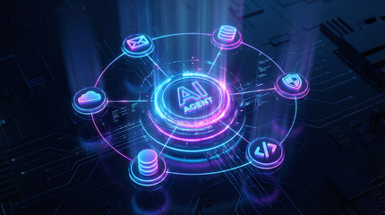 Digital concept of AI agent in futuristic technology and network connections in a tech environment during a night setting