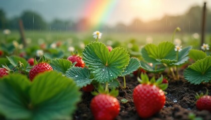 Fototapeta premium Ripe strawberries grow in field during soft rain. Heart shaped green leaves glisten with water drops under bright rainbow and sun rays. Farming nature.