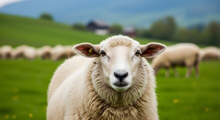 A cute young white lamb stands in a green rural meadow, showcasing a portrait of its face as it grazes on spring grass within a peaceful farm field