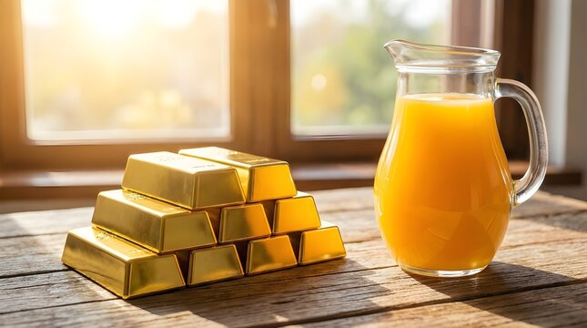Gold stacks and a fruit juice on a table