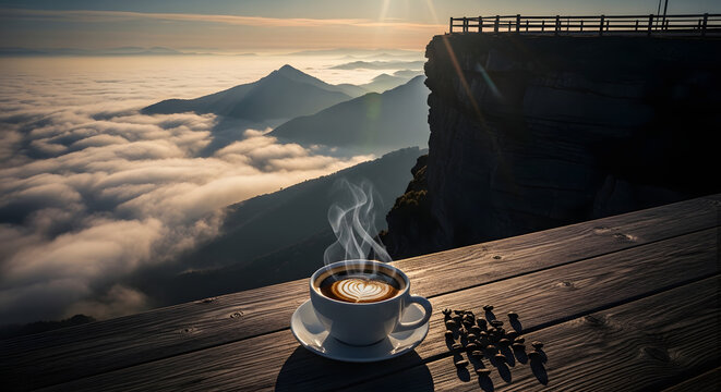 A Morning Coffee in Mountain View: A cup of steaming coffee sits on a wooden table, overlooking a majestic mountain range shrouded in mist and fog at dawn.