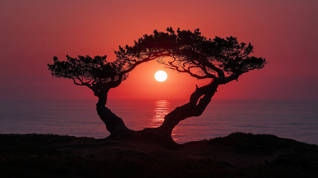 Silhouette of a twisted twin trunk tree against a vibrant red ocean sunset horizon