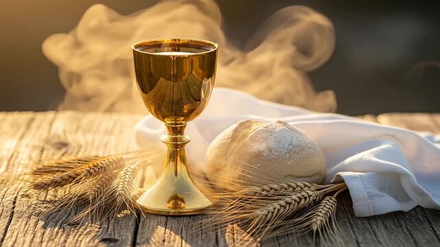 Golden chalice, fresh bread, and wheat stalks on a rustic wooden table, symbolizing sacred communion and tradition.
