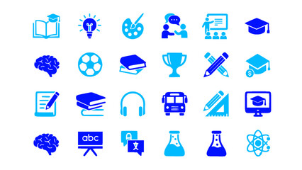 Modern learning and academic themed icons in blue gradient style. Includes brain, microscope, trophy, book, bus, chemistry flask, and school-related symbols.