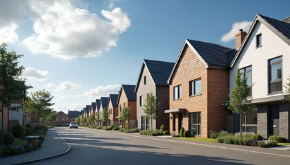 Row of modern family houses on suburban street. New residential buildings with brick and white facades. Green lawns, trees, blue sky with clouds.
