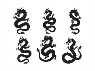Fototapeta premium Black dragon vector silhouette set, Chinese dragon silhouette with traditional oriental style poses, isolated illustration