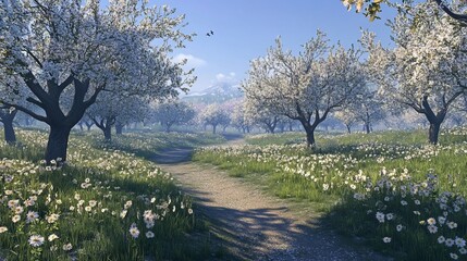 Scenic spring day in blooming cherry blossom orchard with mountains in background
