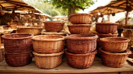 Abundant stack of assorted woven willow baskets displayed at an outdoor market, showcasing artisanal craftsmanship and rustic appeal