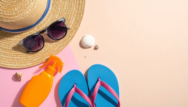 Top View Summer Accessories Flat Lay on Pastel Background