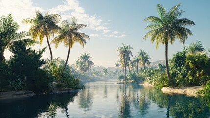Serene tropical oasis with lush palm trees and calm river under clear sky