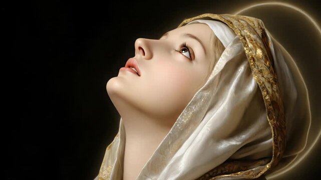 Holy Virgin, divine woman with devout gaze looking upwards, deep contemplation, sacred spirituality, serene reverence, golden head covering, seeking heavenly grace