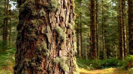 Obraz premium Close-up view of mature tree trunk bark textured with vibrant moss and lichen in a dense forest setting
