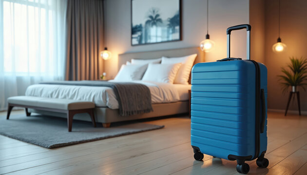 Blue wheeled suitcase stands on light wood floor in modern hotel room. Comfortable bed with white linens awaits, large window lets in soft daylight. Prepare for your vacation trip.