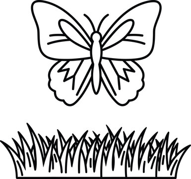 A simple black and white drawing of a butterfly above some grass.