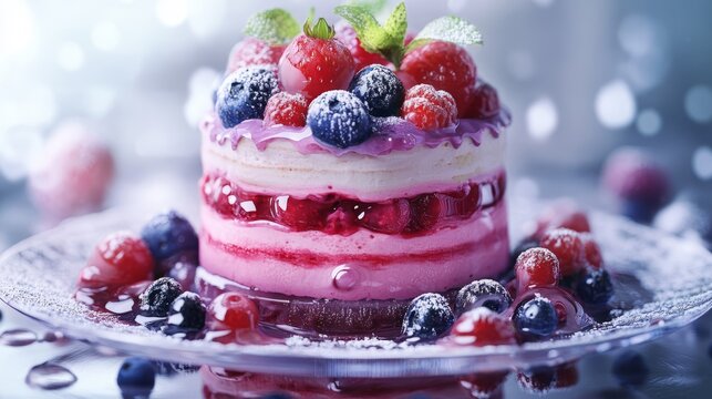 Delicious berry layer cake with powdered sugar and mint garnish