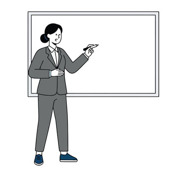 Businesswoman in suit presenting at a blank whiteboard with marker, isolated on white background, concept of presentation and teaching