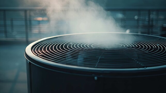 Close-Up of Air Conditioning Unit with Steam Emitting in Morning Light Over a Cityscape Background