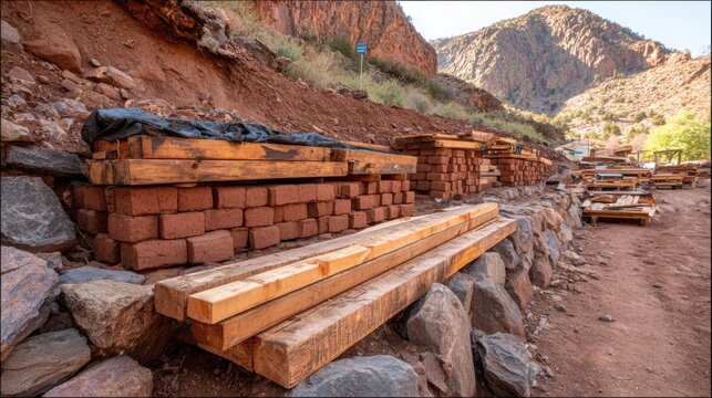 Partially Built Compressed Earth Block Wall with Stacked Lumber and Bricks in a Rocky Outdoor Construction Site