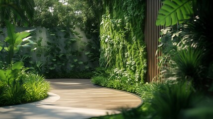 Tranquil pathway through lush green vertical garden in sunlit tropical setting