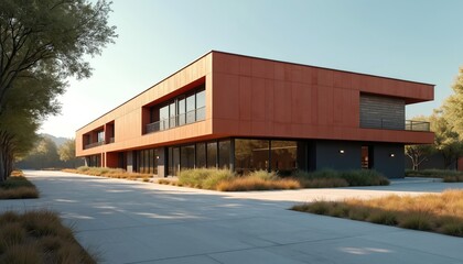 Fototapeta premium Modern commercial building with orange facade and large windows. Concrete path surrounds lush green plants and trees. Sunny day, clear sky. Ideal for business, real estate themes.