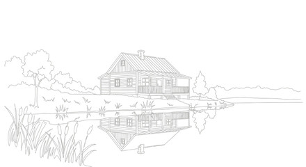 Obraz premium Log Cabin Reflection on Calm Lake at Sunrise, Nature Landscape Drawing