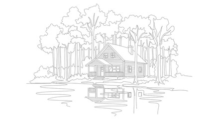 Log Cabin by Lake, Surrounded by Trees, Reflection in Water, Nature Scene