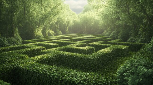 Lush green hedge maze in sunlit forest with dense foliage