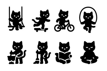Obraz premium Playful Cat Icons. Playful cat activities. Filled icon set of Playful cat activities: swinging cat, skating