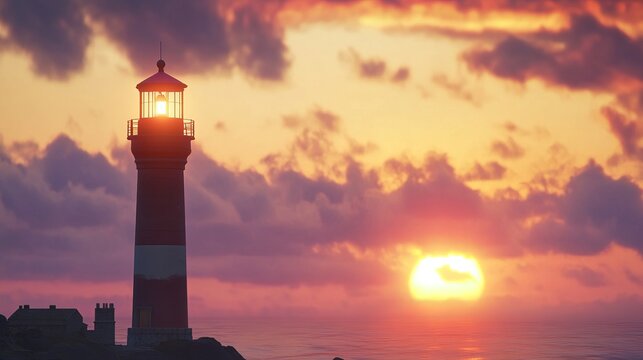 Dramatic coastal lighthouse silhouette against vibrant ocean sunset