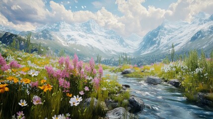 Fototapeta premium Vibrant alpine meadow with blooming wildflowers and majestic snowy mountains
