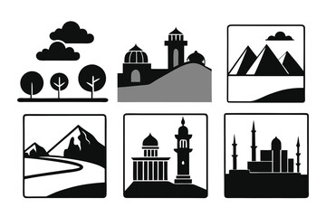 Naklejka premium Set of six black and white landscape and landmark icons featuring mountains and mosques.