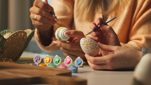 Two Women's Hands Painting Easter Eggs Using Small Brushes - DIY Easter Eggs Decor. closeup shot