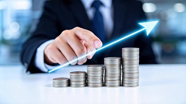 Businessman hand draws glowing arrow over stacks of coins symbolizing financial growth investment success and economic progress in a modern corporate office environment