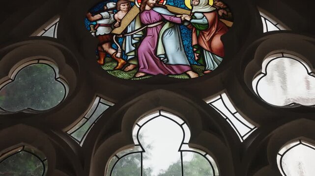 Close Up of Stained Glass in an Abbey Detailed View of Colorful Religious Window and Historic Architecture