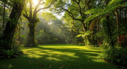 Fototapeta premium Lush Green Forest Illuminated by Sunlight with Soft Rays Streaming Through Trees