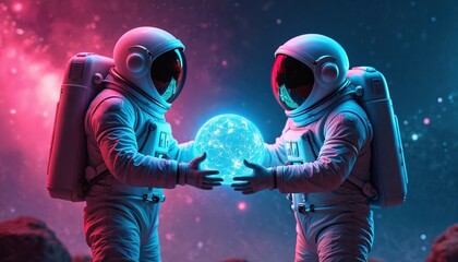 Fototapeta premium Two astronauts in futuristic suits hold a glowing orb. They interact in deep space with nebulae. Scene suggests discovery and collaboration.