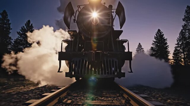 A silhouetted steam locomotive with a bright headlight approaches on a railroad track at dusk, emitting plumes of smoke. The clip features dramatic backlighting and a low-angle perspective.