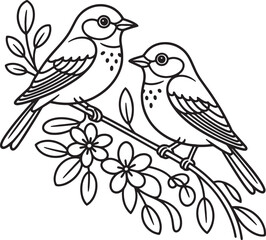 Obraz premium Two birds perch on a branch with floral details in a vintage line art style