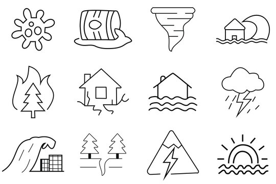 Disasters icons.Climate Change Editable Icons set. Set of 12 disasters trendy minimal icons. Example: volcano, virus, flood, Tornado, fire icon.Natural disaster and extreme weather icon set.