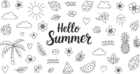 Hand drawn summer elements collection featuring tropical themes and doodle style illustrations in a visually appealing arrangement. © Monivara Creations