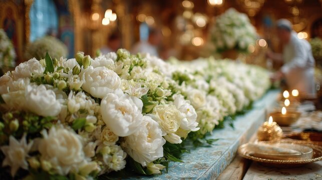 Floral arrangements supporting prayer and reverence in Orthodox worship.