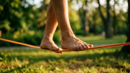 Low angle close-up shot of a person's bare feet walking and balancing on an orange slackline in a park during a sunny afternoon with blurred green trees in the background