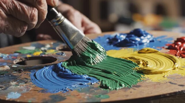 Paintbrush blends thick green oil paint on a wooden artist palette. Soft lighting highlights the rich texture and glossy viscosity of the pigments.