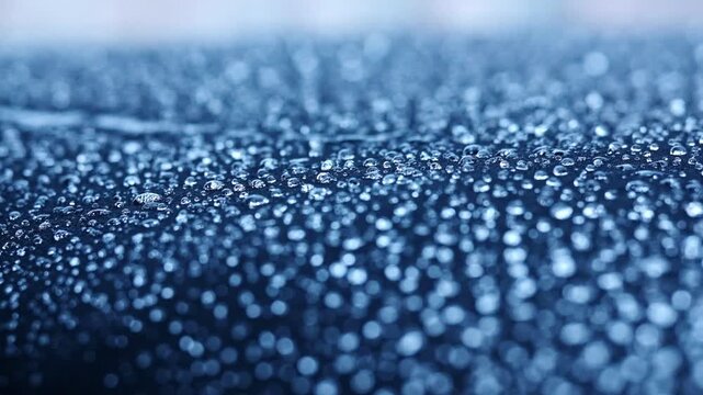 Many water droplets on hydrophobic black fabric, with good depth of field, blur and bokeh