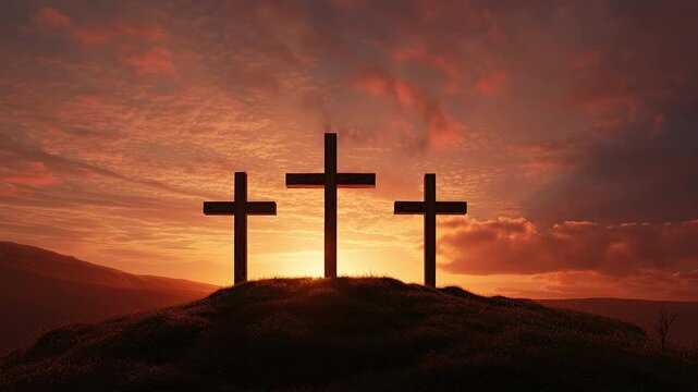 Three crosses on a hill silhouetted against a time-lapse sunrise. The crucifixion of Jesus Christ representing faith, hope, and resurrection. Christian Easter and Good Friday concept