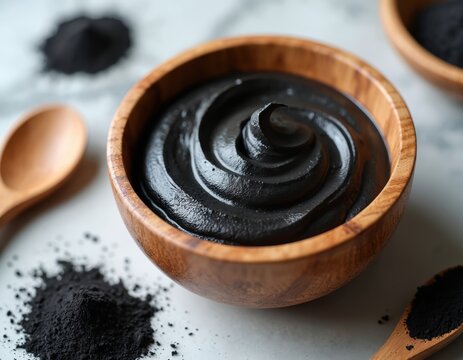 Black charcoal mask in wooden bowl with spoon. Powder and cream for skin care treatment. Natural detox beauty product for deep pore cleansing and rejuvenation.