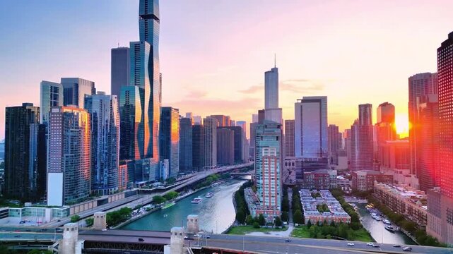 A breathtaking drone flight over downtown Chicago from Lake Michigan, capturing the full skyline rising dramatically above the water. Skyscrapers shimmer against the horizon as the city&rsquo;s iconic archi
