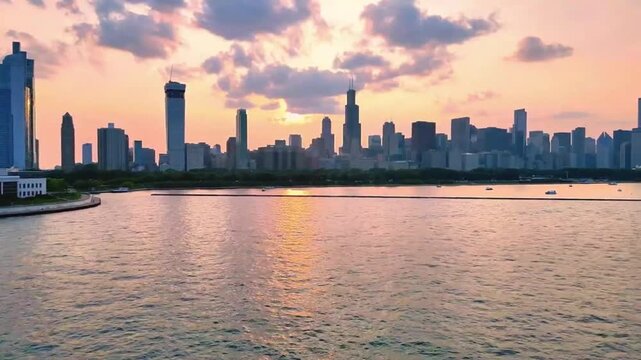 The Chicago skyline rises boldly from the shores of Lake Michigan, a striking wall of glass and steel reflecting across the open water. From out on the lake, the city feels powerful and cinematic&mdash;towe