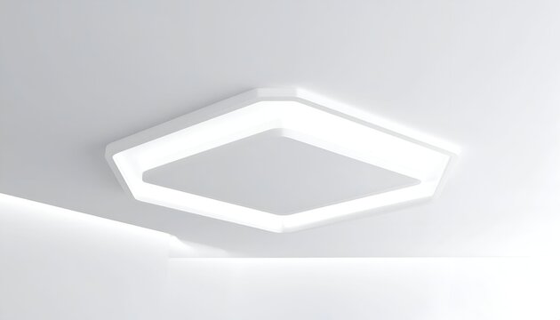 Overhead view of a modern, geometric ceiling light fixture, illuminating a white space