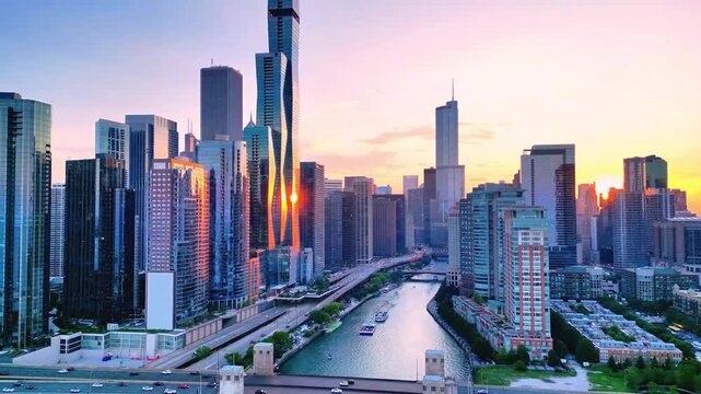 A breathtaking drone flight over downtown Chicago from Lake Michigan, capturing the full skyline rising dramatically above the water. Skyscrapers shimmer against the horizon as the city&rsquo;s iconic archi